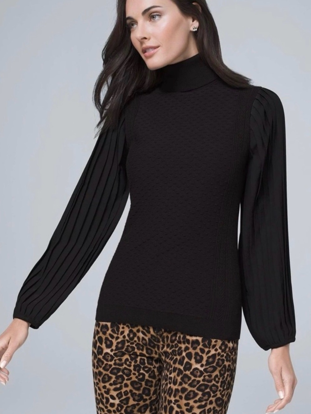 White House Black Market Black Pleated-Sleeve Turtleneck Sweater